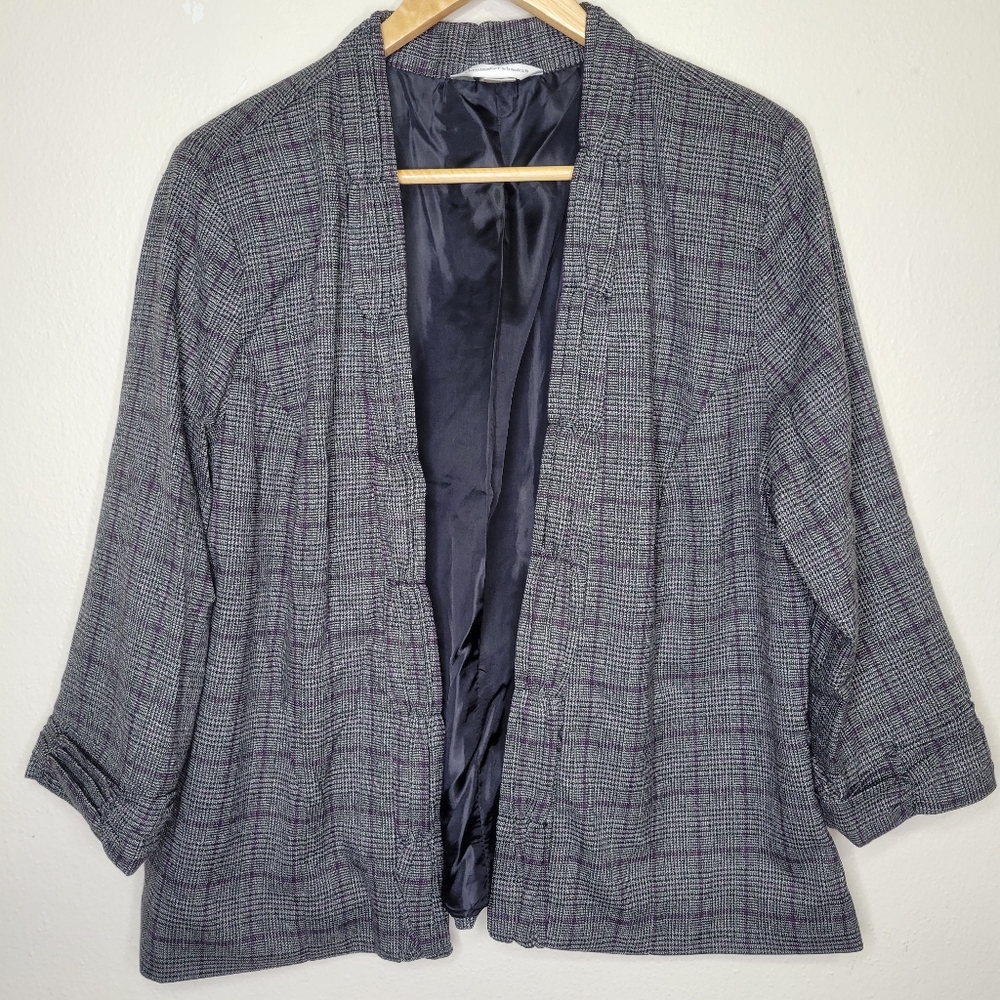 Christopher & Banks Open Front Blazer Purple Gray Plaid, Size L